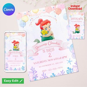 Editable Little Mermaid Ariel Birthday invitation, Little Mermaid invite party invite card, Invite Party Mermaid Princess | INSTANT DOWNLOAD