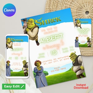 Shrek birthday invitation, shrek digital mobile birthday invitation, shrek party decoration, shrek party supplies, cell phone party invite