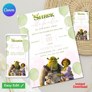 Shrek birthday invitation, shrek digital mobile birthday invitation, shrek party decoration, shrek party supplies, cell phone party invite