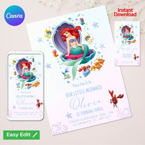 Invitation d’anniversaire modifiable de la Petite Sirène Ariel, carte d’invitation à la fête de la Petite Sirène, Invite Party Mermaid Princess | TÉLÉCHARGEMENT INSTANTANÉ