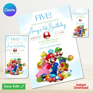 Mario Bros Invitation, Super Mario Birthday Invitation, Super Brothers boy Invite, Video Game, Kid Invite, Editable Template, Editable Canva