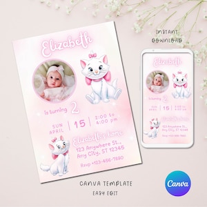 Marie & Aristocats Printable Invitation, Marie Aristocats Invite, Marie Aristocats Birthday Invitation, Party Supplies, Party Printables