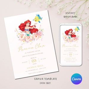 Editable Little Mermaid Ariel Birthday invitation, Little Mermaid invite party invite card, Invite Party Mermaid Princess | INSTANT DOWNLOAD