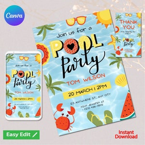Pool Party Birthday Invitation, EDITABLE Swimming Party Invite Template, Tropical Summer Birthday, Boys Beach Bash, Instant Download