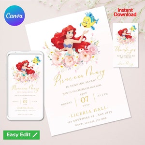Invitation d’anniversaire modifiable de la Petite Sirène Ariel, carte d’invitation à la fête de la Petite Sirène, Invite Party Mermaid Princess | TÉLÉCHARGEMENT INSTANTANÉ