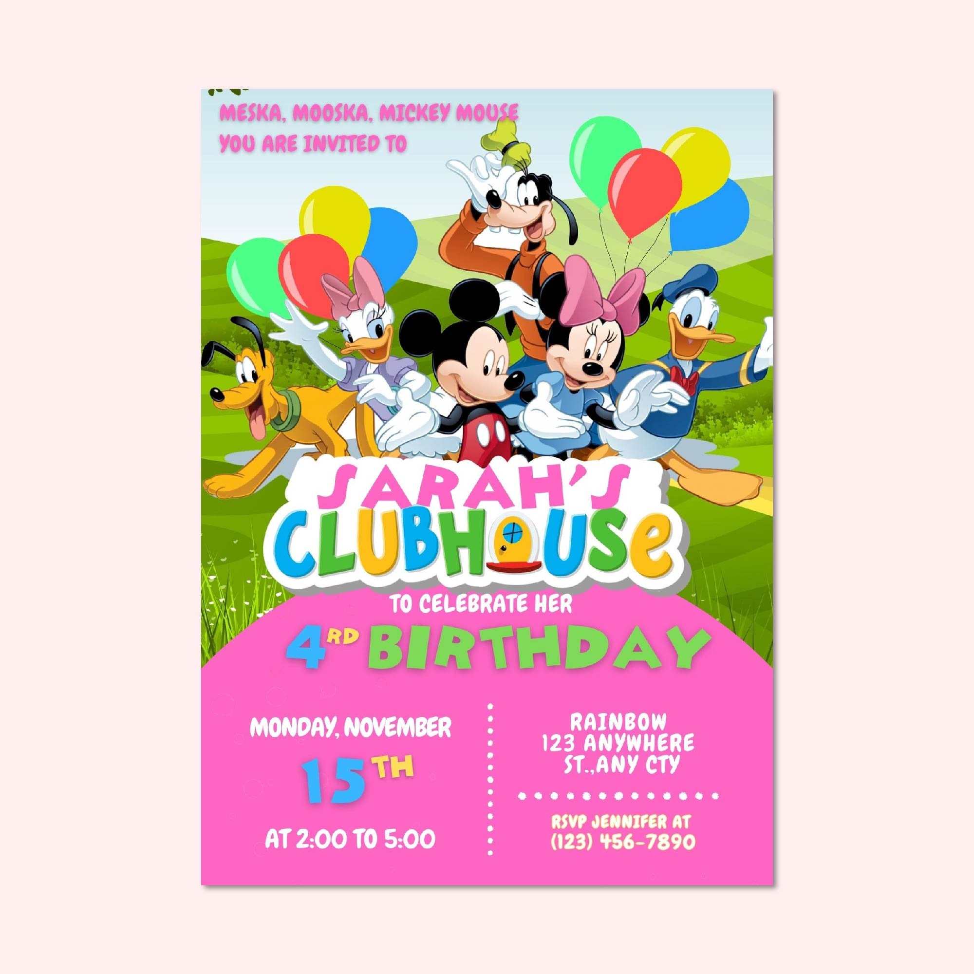 Mickey Mouse Pink Clubhouse Birthday Invitation Girl Digital, Thank You ...