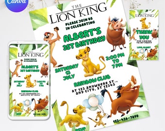 Lion King Birthday Invitation Boy Simba Timon Pumba Jungle Animals Party Editable Template Instant Download Evite Digital or Printed Invite