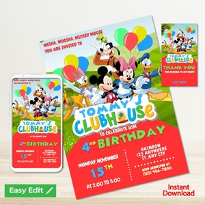 Mickey Mouse Clubhouse Birthday Invitation Boy Digital or Printed Thank You Card  Instant Download Canva Template | Editable Invitation