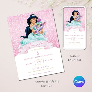 Princess Jasmine Birthday Invitation Template, Printable Birthday Party Invitations, Princess party, Aladdin Party, Birthday Invite, canva