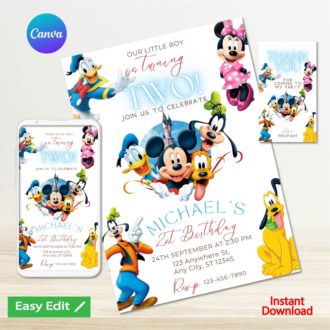 Mickey Mouse Clubhouse Birthday Invitation Boy Digital or Printed Thank ...