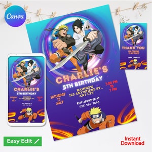 Editable Manga Birthday Invitation Canva Template, Printable Birthday Party Invitation, Digital Kids Party Template,canva