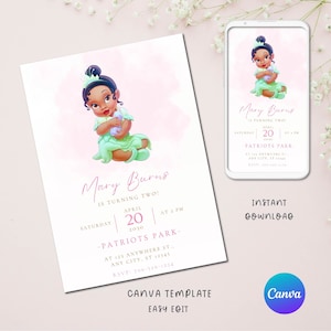 Invitations d'anniversaire de Tiana | Invitation imprimable princesse bébé Tiana | Bébé Tiana À éviter | Modifiable dans le modèle Canva | Téléchargement instantané