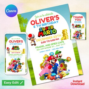 Mario Bros Invitation, Super Mario Birthday Invitation, Super Brothers boy Invite, Video Game, Kid Invite, Editable Template, Editable Canva