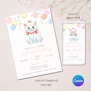 Marie & Aristocats Printable Invitation, Marie Aristocats Invite, Marie Aristocats Birthday Invitation, Party Supplies, Party Printables