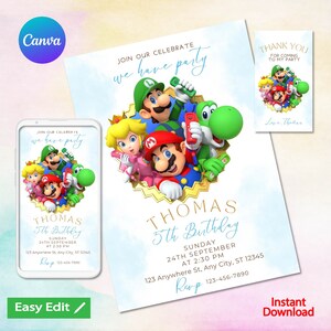 Mario Bros Invitation, Super Mario Birthday Invitation, Super Brothers boy Invite, Video Game, Kid Invite, Editable Template, Editable Canva