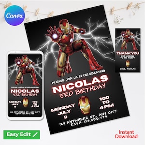 May include: A printable invitation for a 5th birthday party featuring a superhero character. The invitation is black with red and yellow accents. The text on the invitation reads "Please join us in celebrating Nicolas 5rd Birthday. Monday July 9 1:00 to 4PM 123 Anywhere St., Any City RSVP: 123.456.779".