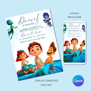 May include: A birthday party invitation and a smartphone screen displaying the same design. The invitation features cartoon characters and the text "Daniel is turning 3" with event details. The Canva logo is visible.
