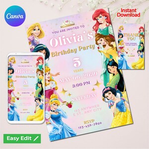 Princess Birthday Invitation | Royal Celebration Invite Custom Editable Template Printable Instant Download Digital | Disney Princess Invite
