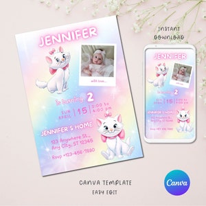 Marie & Aristocats Printable Invitation, Marie Aristocats Invite, Marie Aristocats Birthday Invitation, Party Supplies, Party Printables