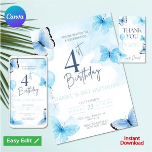 EDITABLE Butterfly Invitation, Magical Garden Invite Template, Floral blue boys Party Instant Download