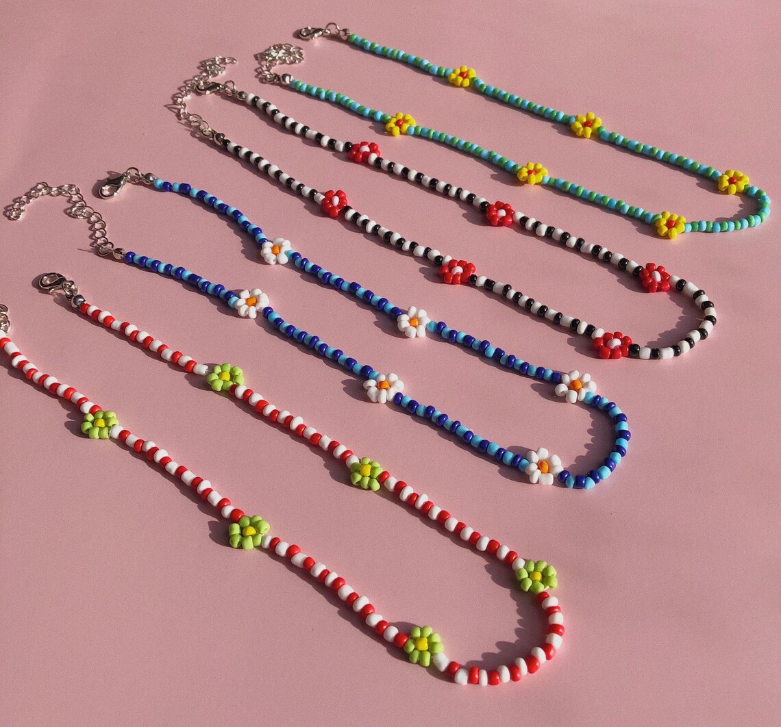 Y2K beaded flower necklace handmade beading necklace funky Etsy