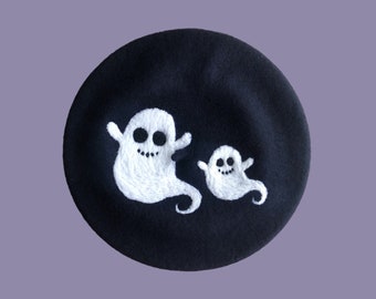 Ghost Beret, winter hat, beret for women, kawaii Halloween Berets, Handmade, Wool needle felting french beret, 100% wool beret