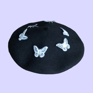 Embroidery butterfly beret, french beret, embroidery handmade, cute hat, women beret, hat for winter, birthday gift, wool beret, lovely cute