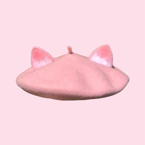 Pink cat ear beret, kitten french kawaii beret hat, Handmade woolfelt animal beret, beret for women, winter cute hat, Birthday Gift