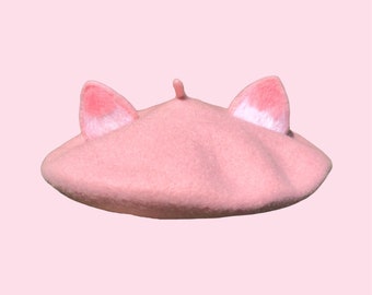 Pink cat ear beret, kitten french kawaii beret hat, Handmade woolfelt animal beret, beret for women, winter cute hat, Birthday Gift