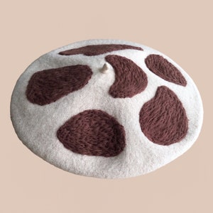 Brown cow print beret, french beret, wool beret, handmade,needle felting, Woolfelt, beret, cutehat, funky hat, beret for women girls