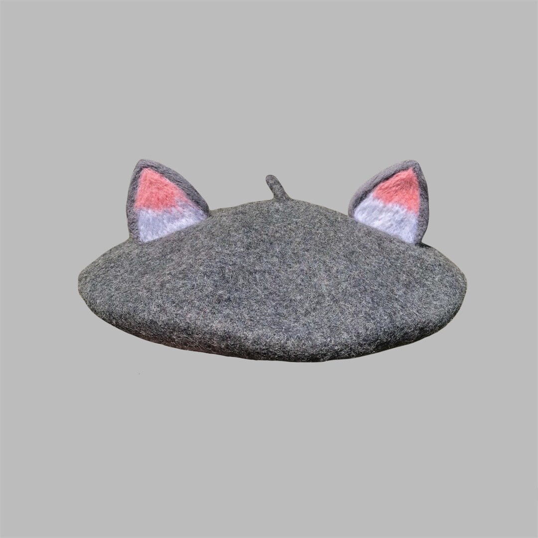 Black Gray Cat Ear Beret, Kitten French Kawaii Beret Hat, Handmade