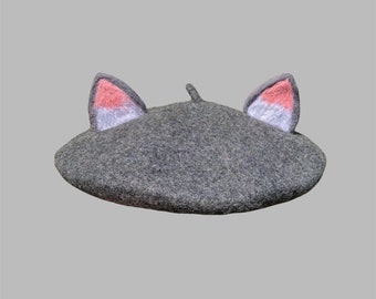 Black gray cat ear beret, kitten french kawaii beret hat, Handmade woolfelt animal beret, beret for women, winter cute hat, Birthday Gift