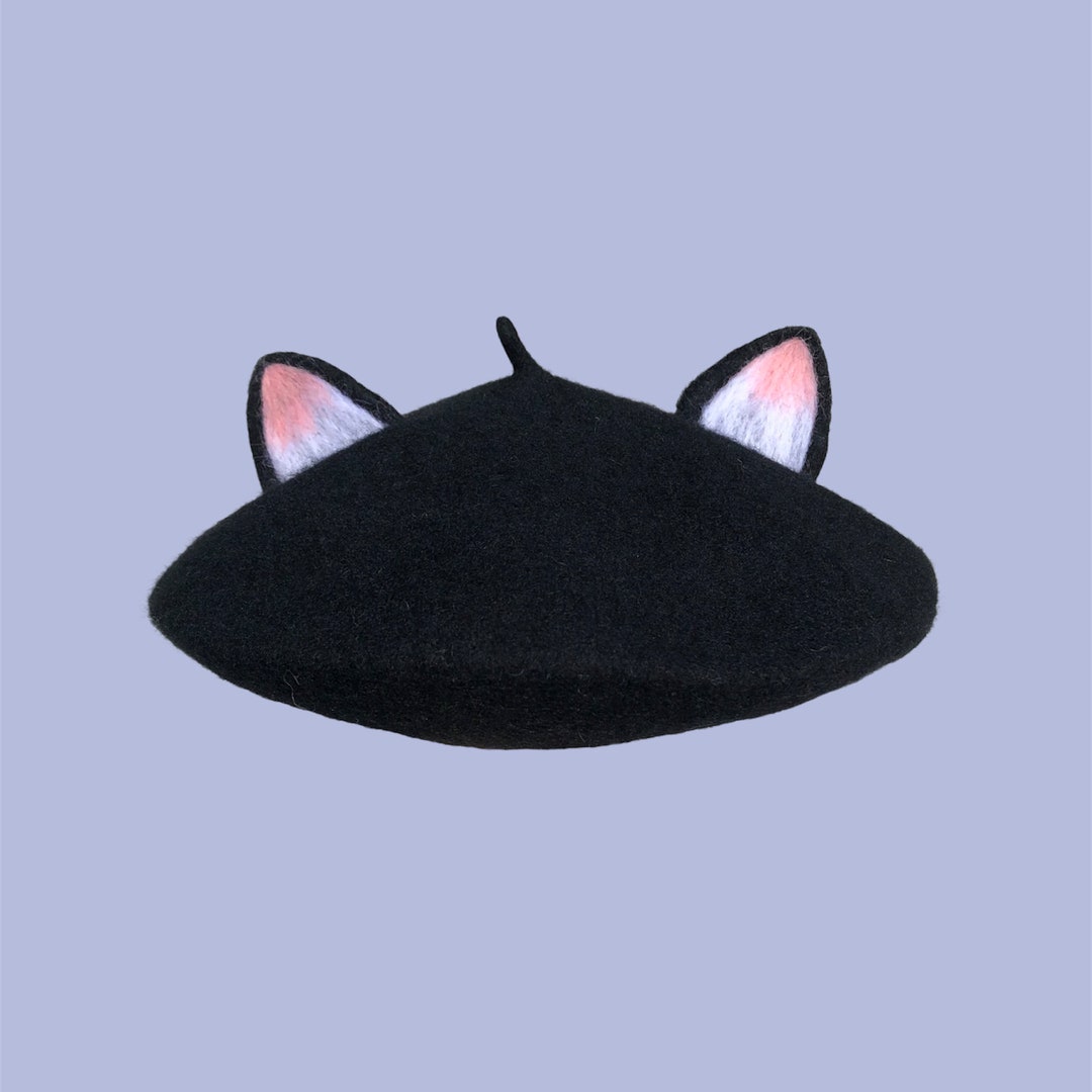 Black Cat Ear Beret Kitten French Kawaii Beret Hat Handmade Etsy