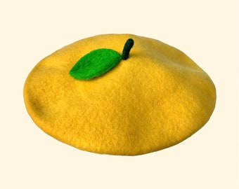 Lemon beret, french beret hat, Handmade fruit Beret, Gift for women, winter hat, Birthday Gift, Woolfelt fruit beret hat