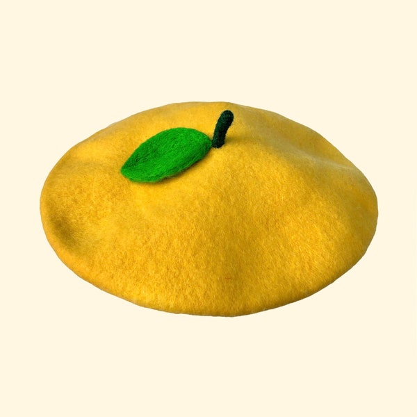 Lemon beret, french beret hat, Handmade fruit Beret, Gift for women, winter hat, Birthday Gift, Woolfelt fruit beret hat