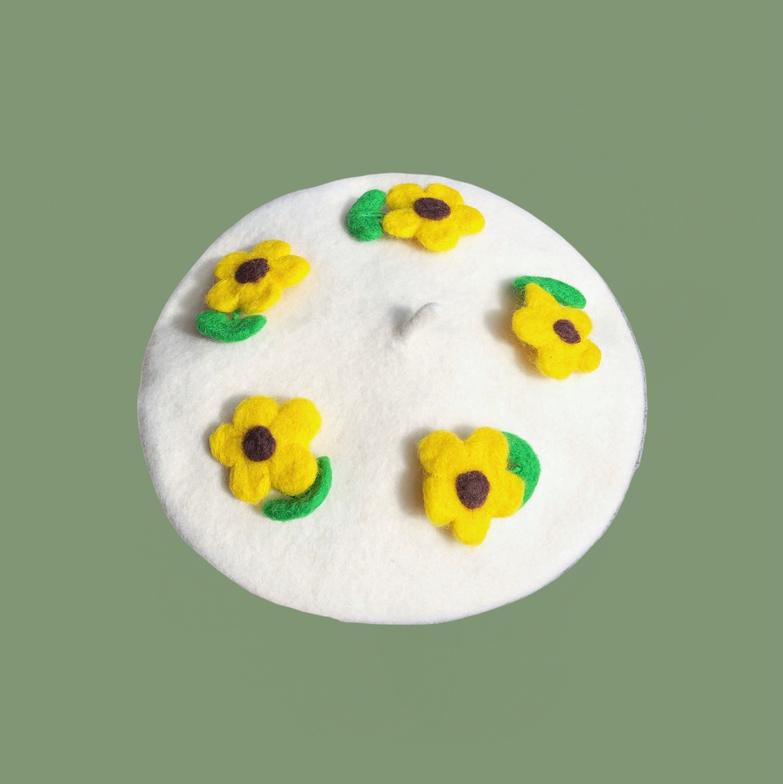 Yellow Sun Flowers Beret, White Wool Felt Beret Hat, French 