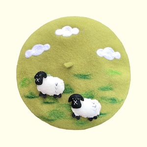 Sheep lamby beret, french kawaii green beret hat, Handmade woolfelt animal beret, beret for women, winter cute hat, Birthday Gift