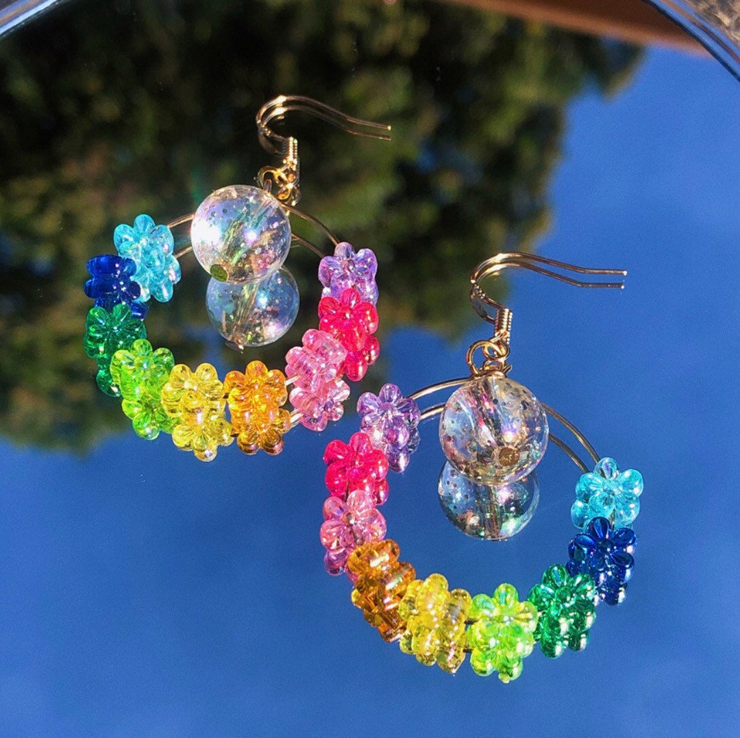 Colorful Beaded Flowers Earrings, Funky Earrings, Rainbow Color