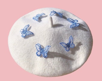 Embroidery butterfly beret, french beret, embroidery handmade, cute hat, women beret, hat for winter, birthday gift, wool beret, lovely cute