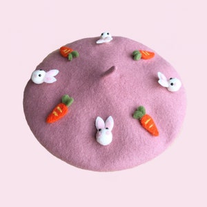 Bunny and carrot beret, Fruit Beret, Beret Hat, french pink beret, Handmade woolfelt rabbit beret, Gift for women, winter hat, Birthday Gift