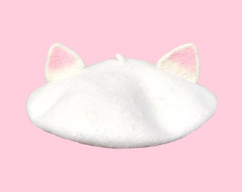 White cat ear beret, kitten french kawaii beret hat, Handmade woolfelt animal beret, beret for women, winter cute hat, Birthday Gift