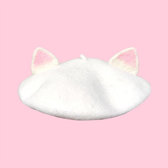 White Cat Ear Beret, Kitten French Kawaii Beret Hat, Handmade