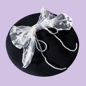 Lace pearl bow beret, beret for women, birthday gift, cute kawaii beret hat, french wool beret, lolita hat, Korean style, embroidery beret