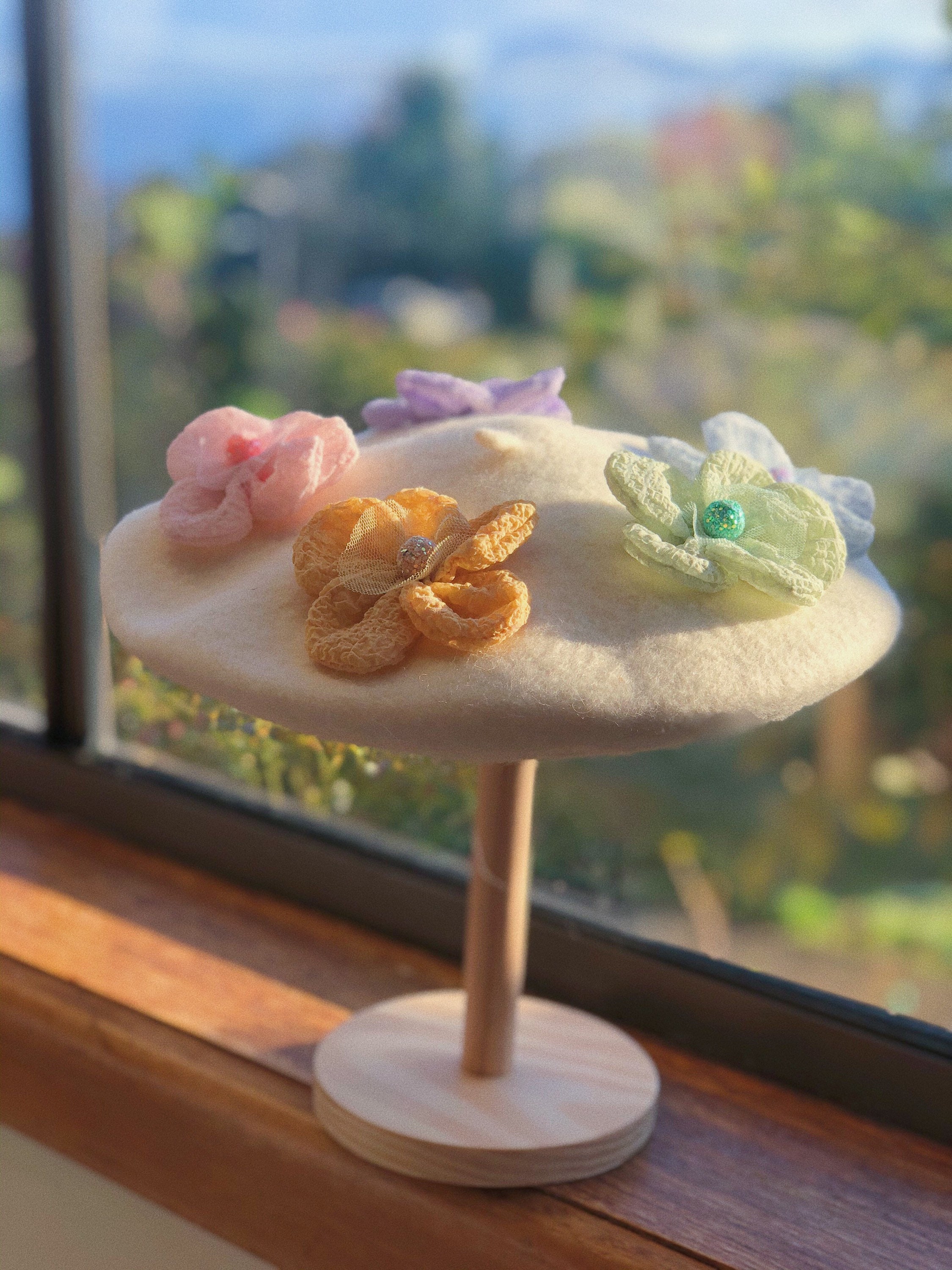 Chiffon Flowers Beret, White Wool Beret Hat, French Beret 