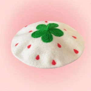 White Strawberry Beret, Fruit french funky fairy cottagecore y2k jsk JP cute kawaii beret for women, Handmade winter hat for Birthday Gift
