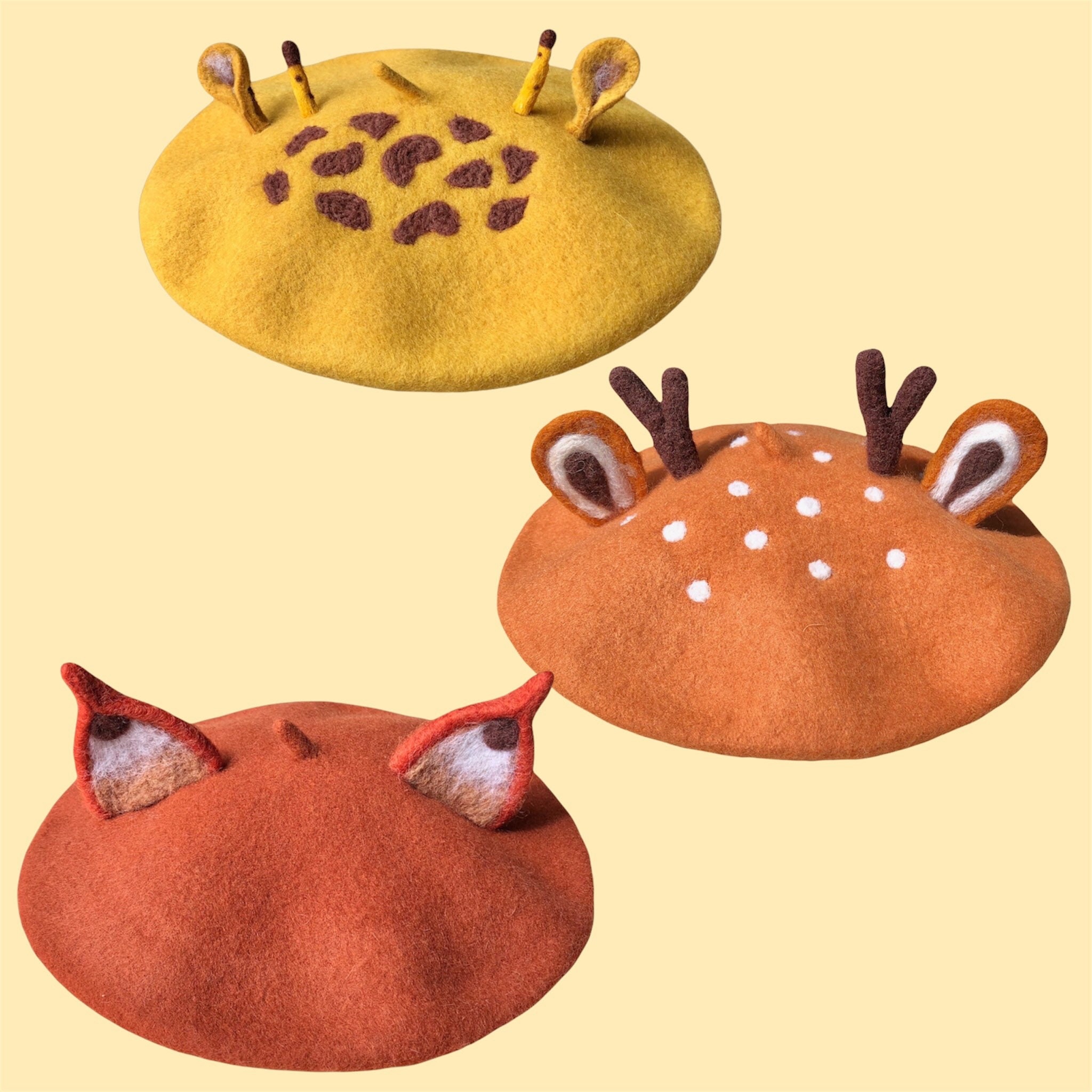Deer Beret, French Kawaii Beret Hat, Handmade Woolfelt 