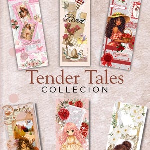 May include: A bundle of six illustrated bookmarks with a vintage aesthetic. The bookmarks feature various designs, including floral arrangements, anime-style characters, and the text "Just Read". The words "Adorable Bookmark Bundle" are at the top.