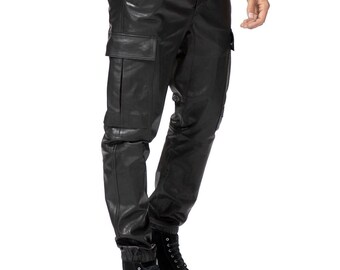 Black leather stacked cargo pants Clearance