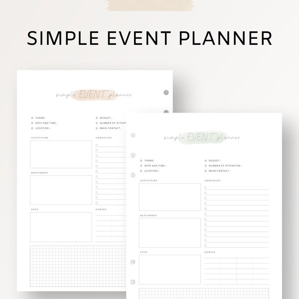 Simple Event Planner to Organize Party and Special Event on One Page | Fillable Editable Printable PDF Download | A4 A5 Letter Half