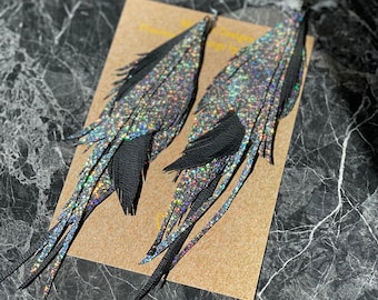 Starling Earrings - Sparkly, silver and black leather earrings. Long, chandelier, statement earrings